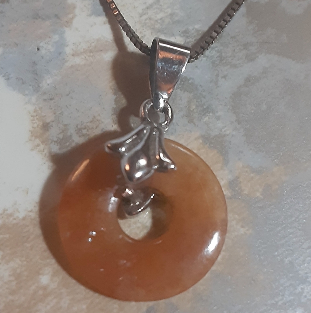 Orange Aventurine Doughnut Hole on Sterling Silver Chain 18" Italy Unisex